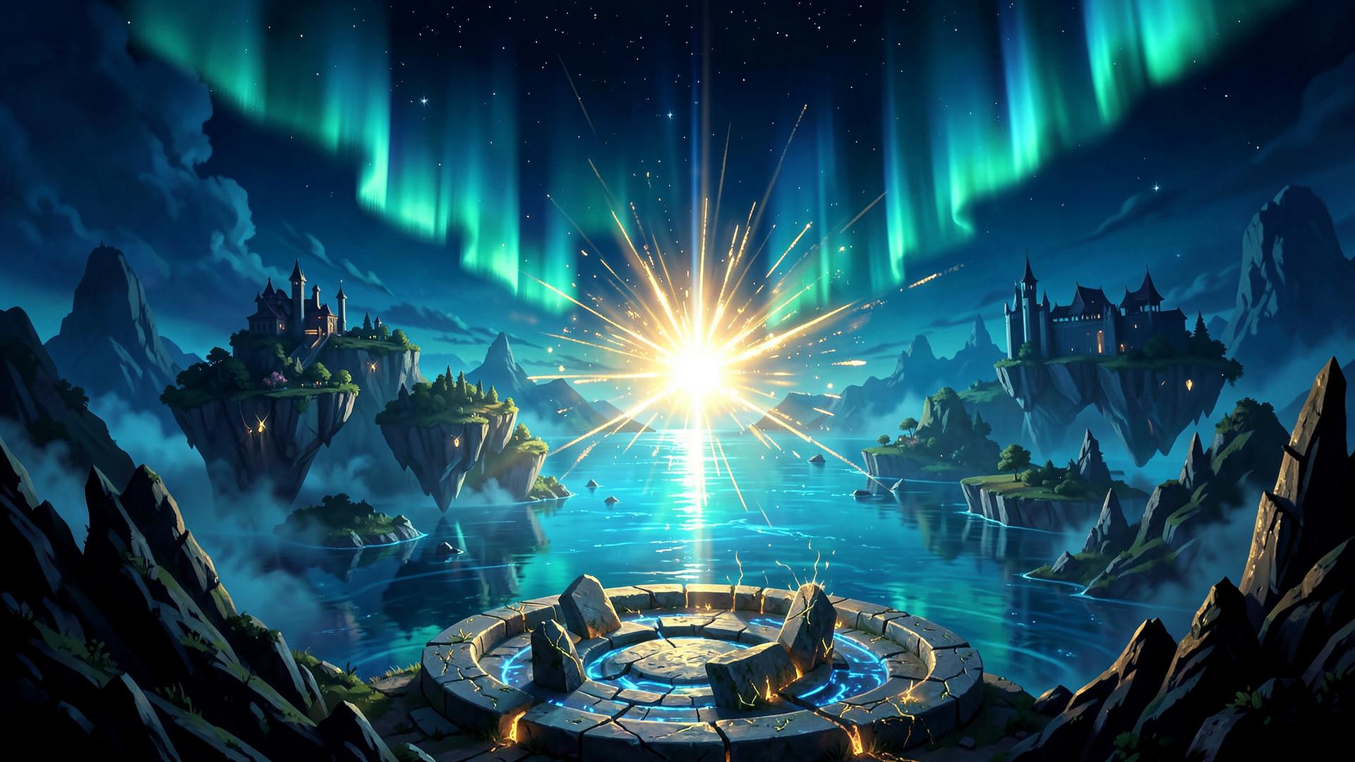 Îles enchantées au-dessus d'un lac lumineux